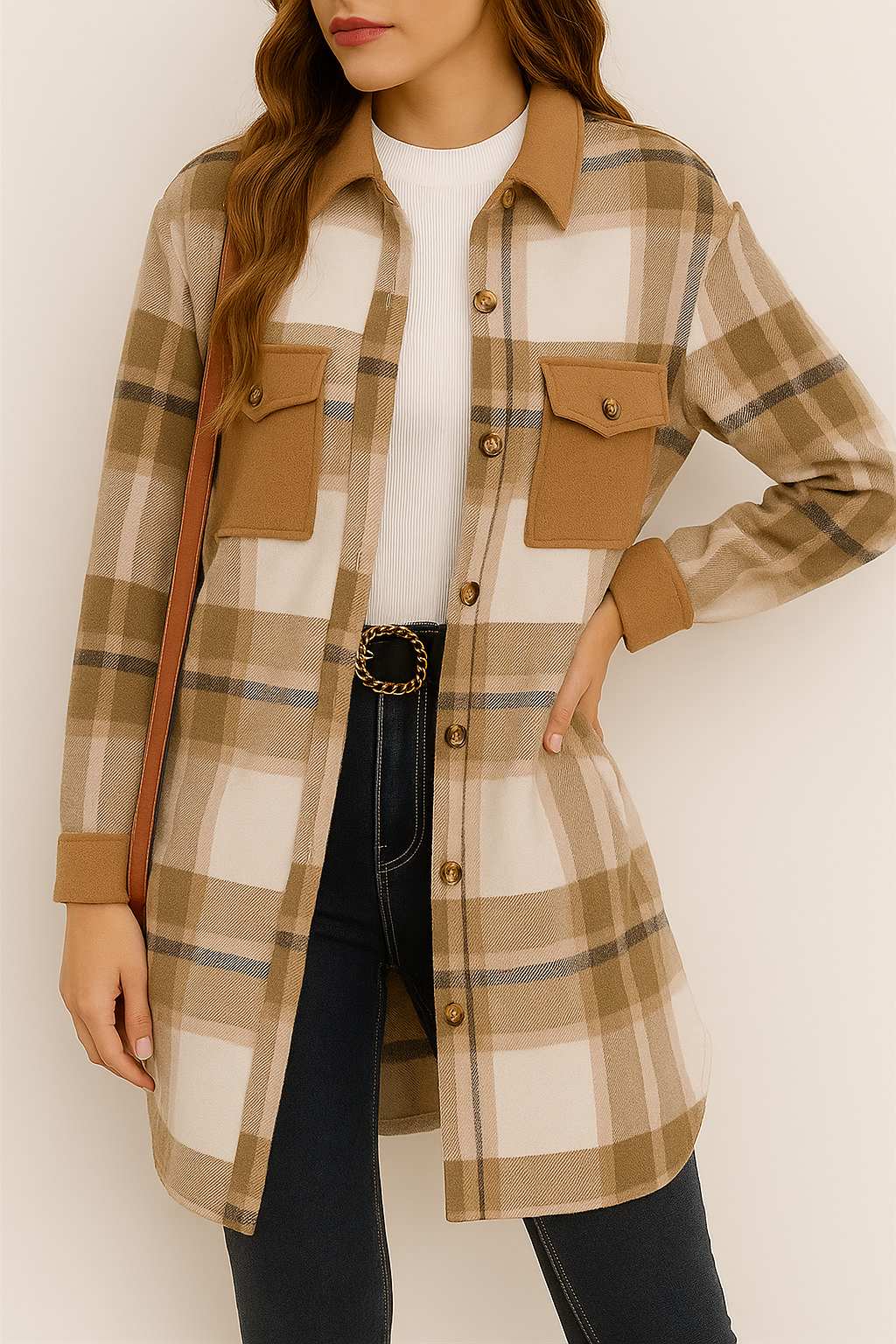 Front view of the coffee-brown and ivory plaid button-up longline coat with shirt collar, open placket, flap chest pockets and rounded hem.
