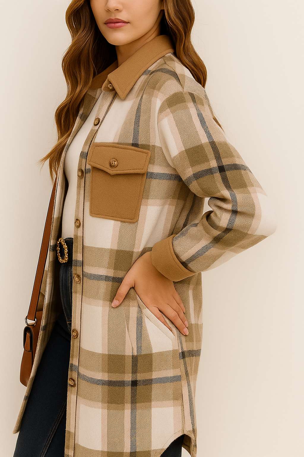 Left side view of the coffee-brown and ivory plaid longline coat with shirt collar, long sleeves and a visible slant pocket at the hip.