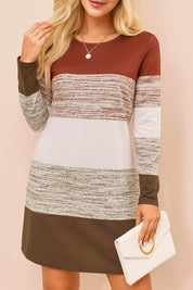 Women's casual colorblock knit mini dress with long sleeves in brown, white, and gray tones – modern soft textured fabric