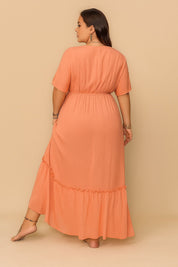 Coral embroidered V-neck frill maxi dress (plus size) with tiered ruffled hem and clean back panel — back view