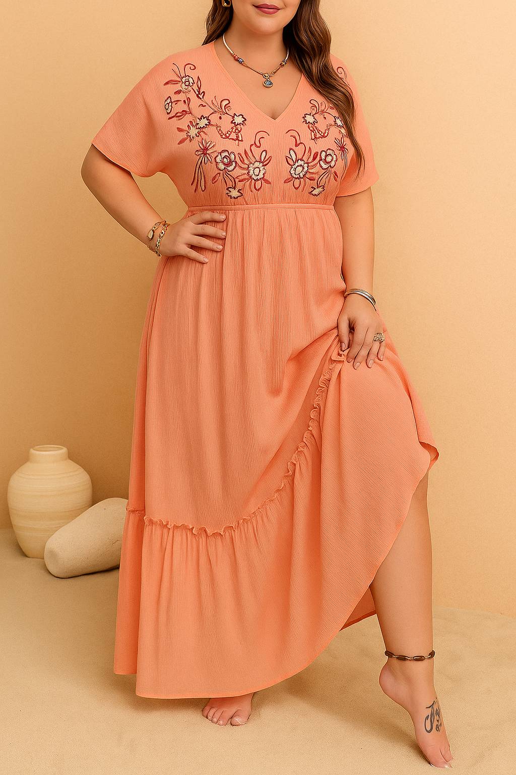 coral-embroidered-v-neck-frill-maxi-dress-plus-size-tiered-skirt-left-side-view