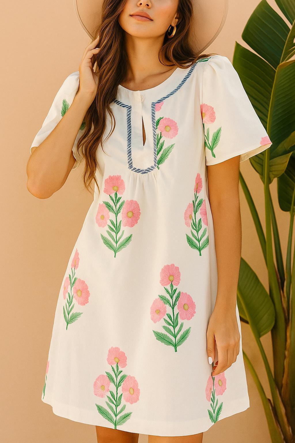 Cream floral-print mini dress with flutter sleeve shape and gentle A-line sway — left three-quarter view