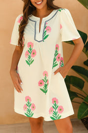Cream floral-print flutter-sleeve mini dress with notched V-neck and relaxed A-line silhouette — front view