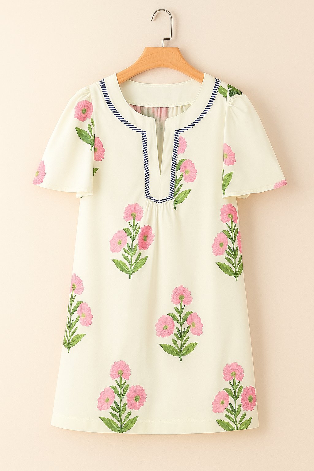 Cream floral-print mini dress with notched V-neck and flutter sleeves, relaxed fit — centered front view