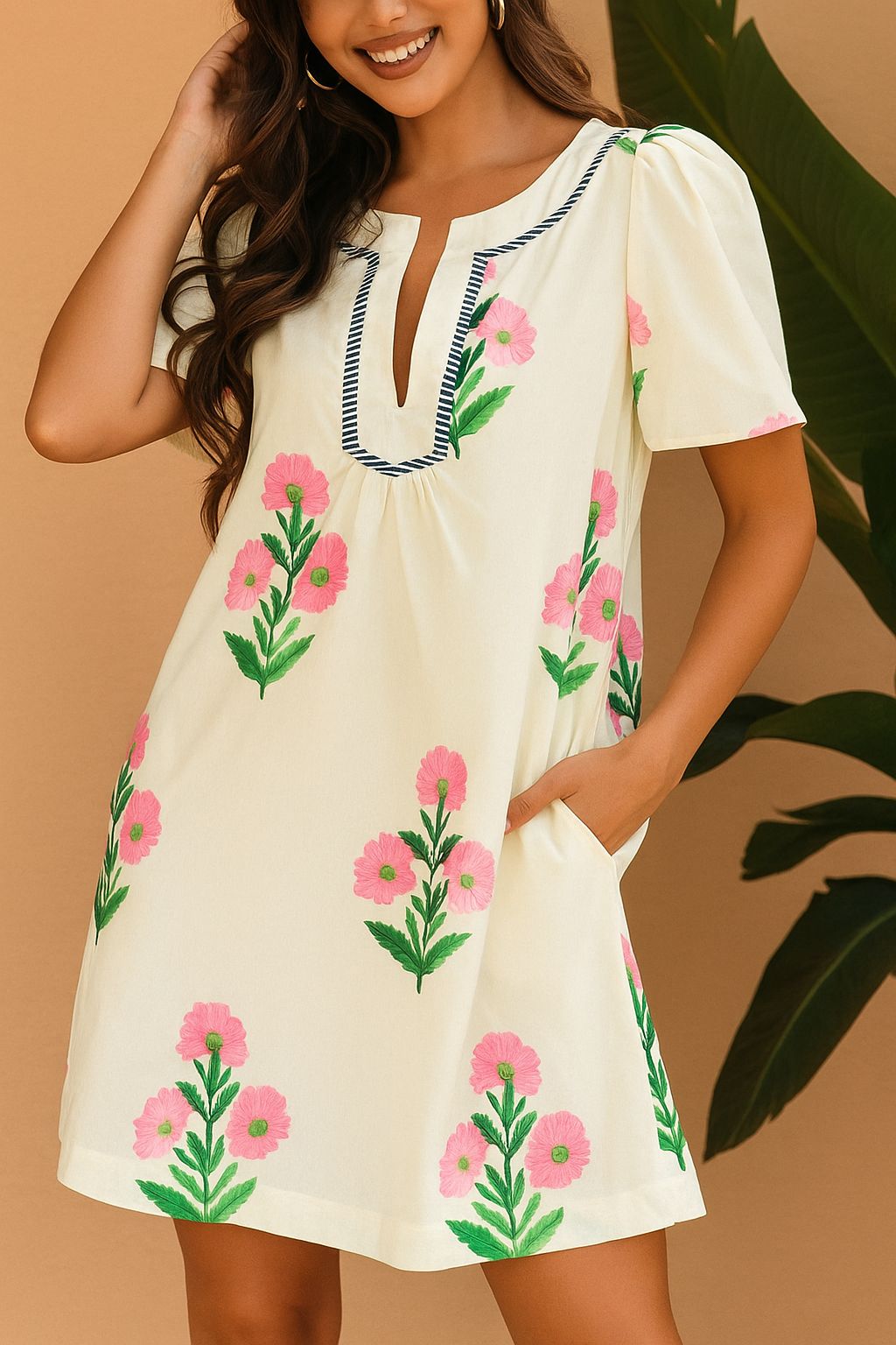 “Women’s cream floral-print mini dress with notched V-neck, flutter short sleeves and side pockets — front three-quarter view