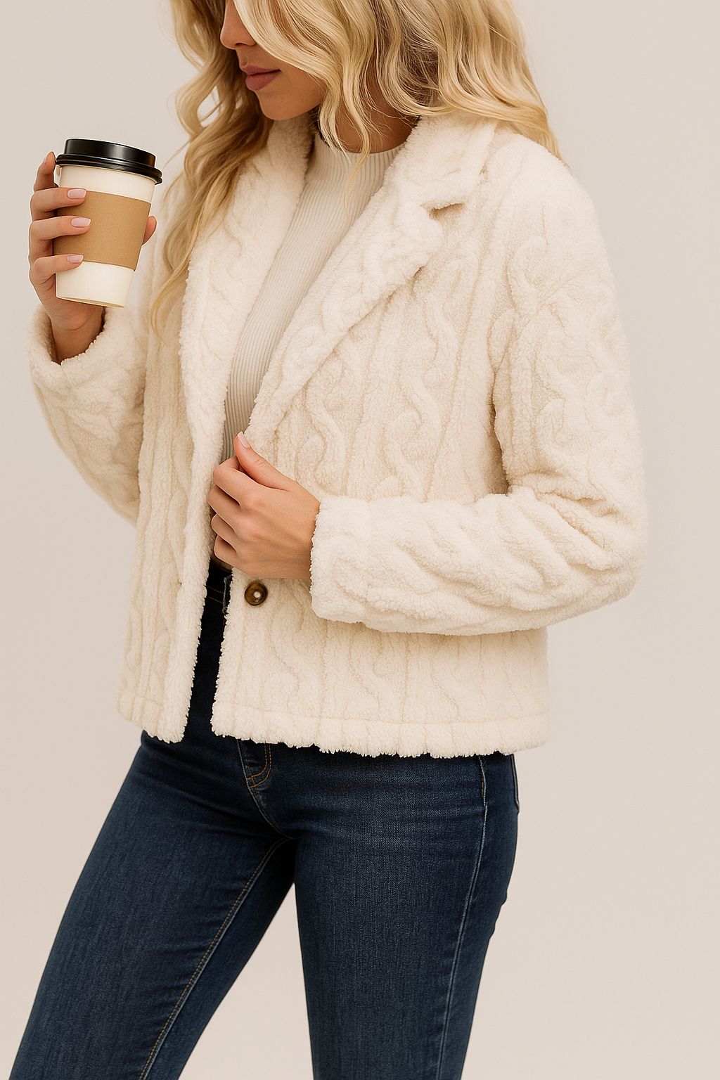 Left three-quarter view of the cream fuzzy short jacket showing the notched lapel and button-front.