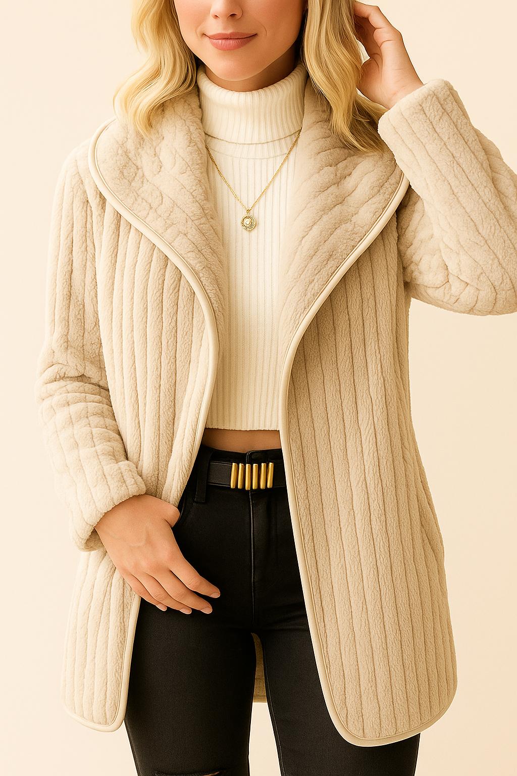 Front detail view of the cream ribbed hooded coat showing the open front, plush facing and long sleeves