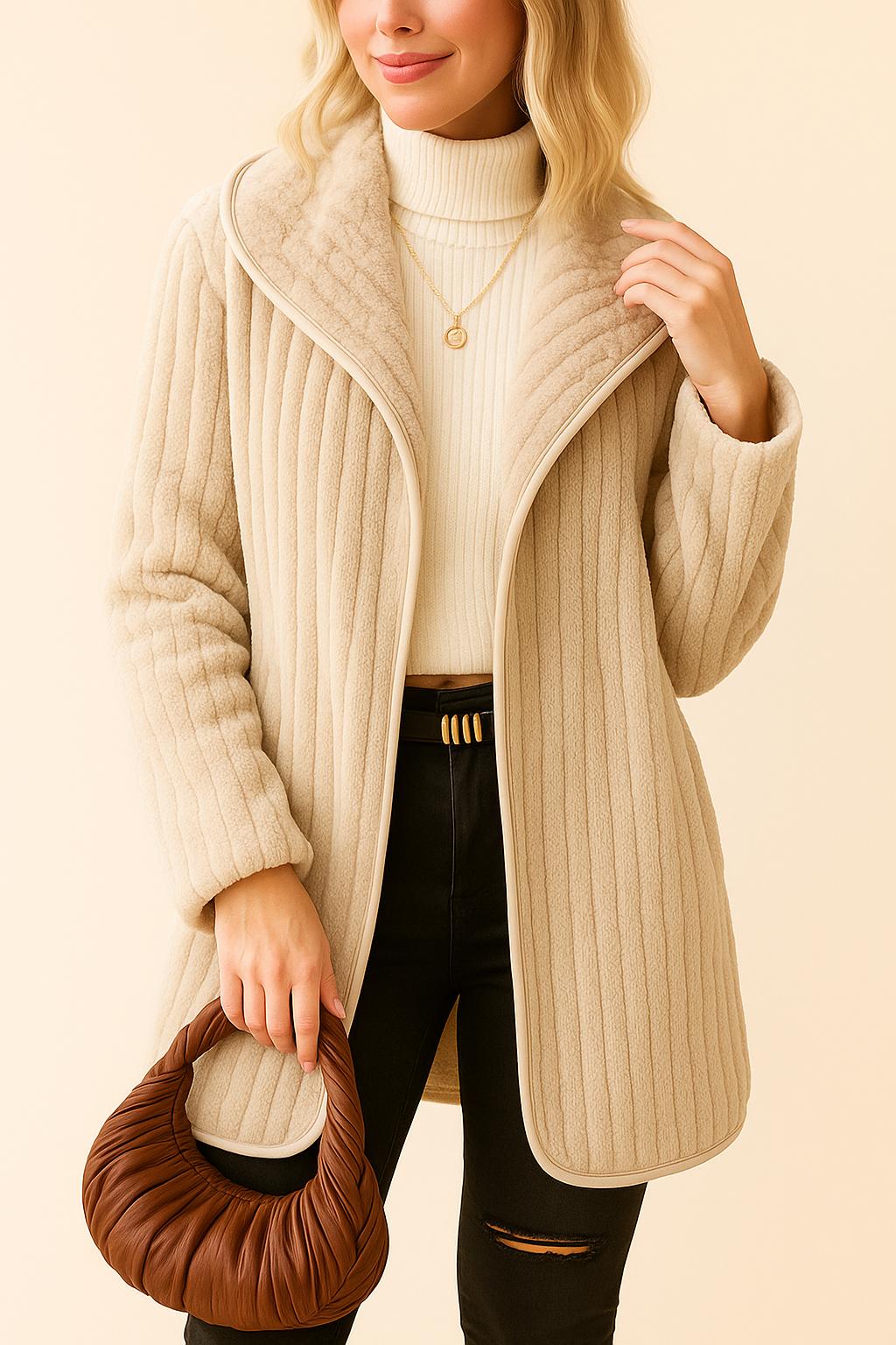 Alternate front view of the cream open-front ribbed hooded coat, long sleeves and rounded corners at the hem.