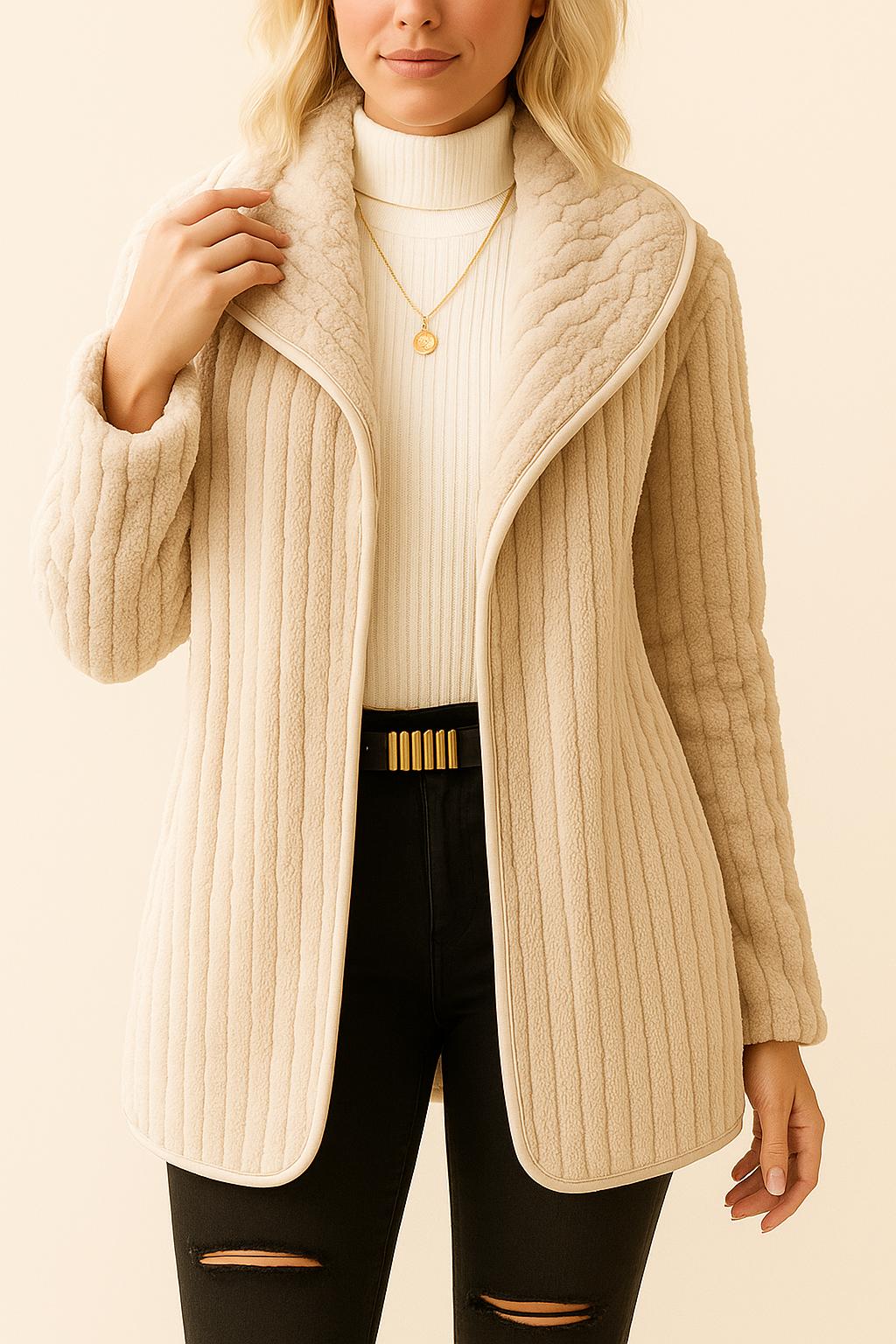 Front view of the cream ribbed knit hooded coat with open front, long sleeves and clean lines.