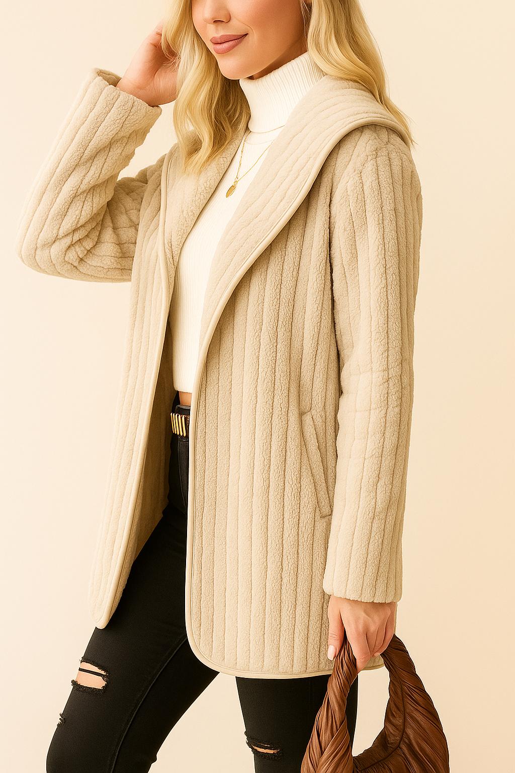 Left three-quarter view of the cream open-front ribbed hooded coat with soft lapels and pockets.