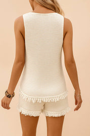Back view of the cream waffle-knit tank and shorts set highlighting the fringe-trim edges and straight back hem