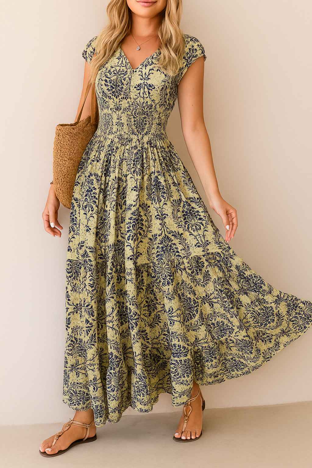 Dark-blue boho-print V-neck cap-sleeve maxi dress with smocked bodice and flowing skirt — front three-quarter view