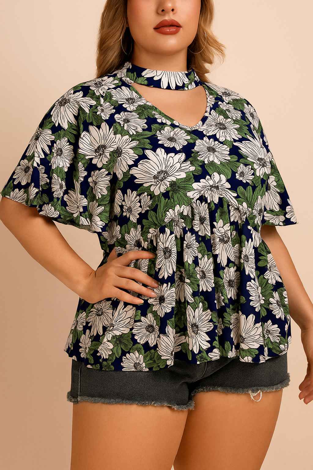 Front view of a women’s dark blue floral blouse with a V-neck cutout choker neckline, flutter short sleeves and a relaxed gathered hem (plus size)