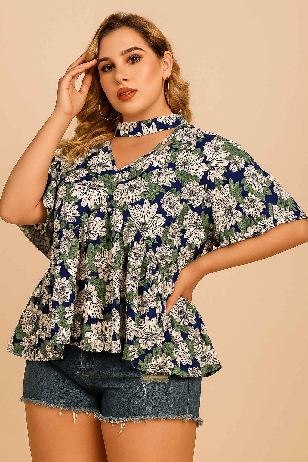 Front three-quarter view of the dark blue floral blouse showing the cutout choker neckline, flutter sleeves and softly flared hem