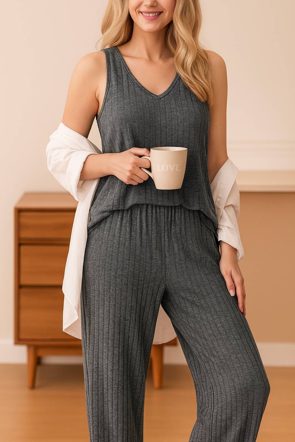 Women's dark grey ribbed knit loungewear pajama set with sleeveless top and relaxed fit pants