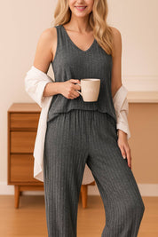 Women's dark grey ribbed knit loungewear pajama set with sleeveless top and relaxed fit pants