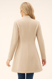 Back view of the dust-storm beige tailored longline coat with a clean center seam and straight hem