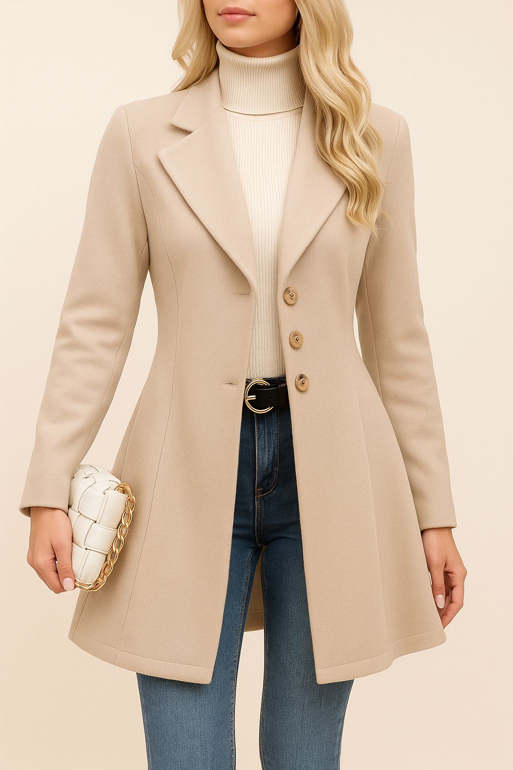 Open-lapel front view of the dust-storm beige tailored longline coat; notched lapel and button arrangement visible.