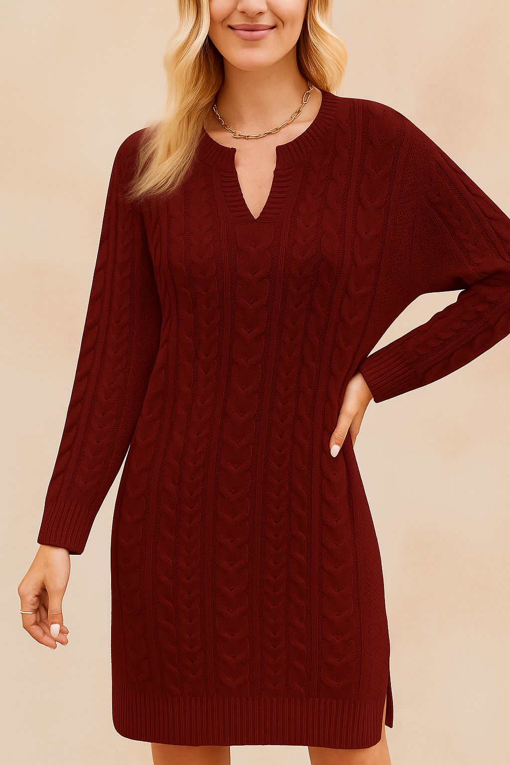 Notched Neck Cable-Knit Slit Sweater Dress