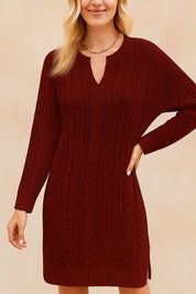 Notched Neck Cable-Knit Slit Sweater Dress