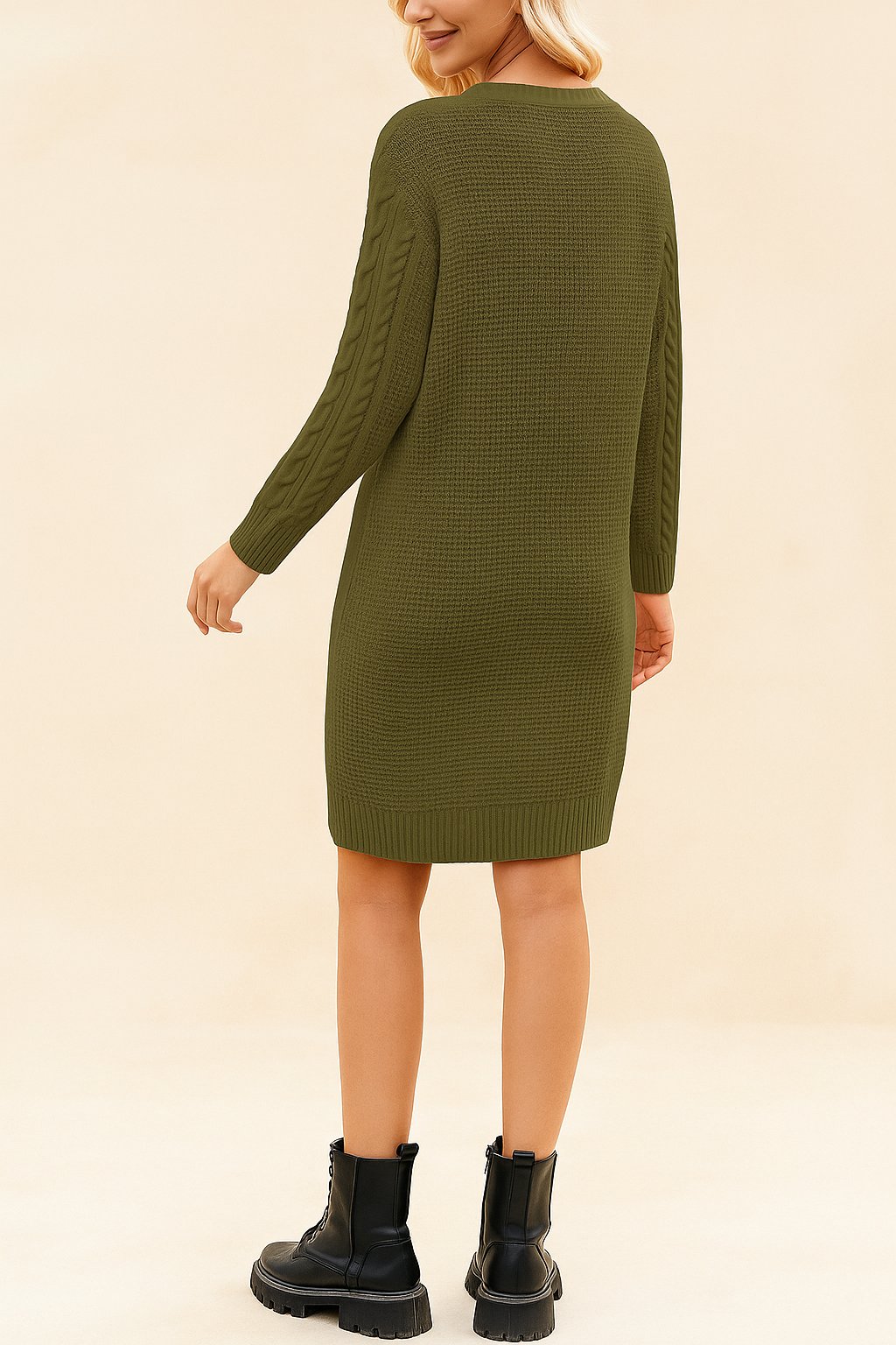 Notched Neck Cable-Knit Slit Sweater Dress