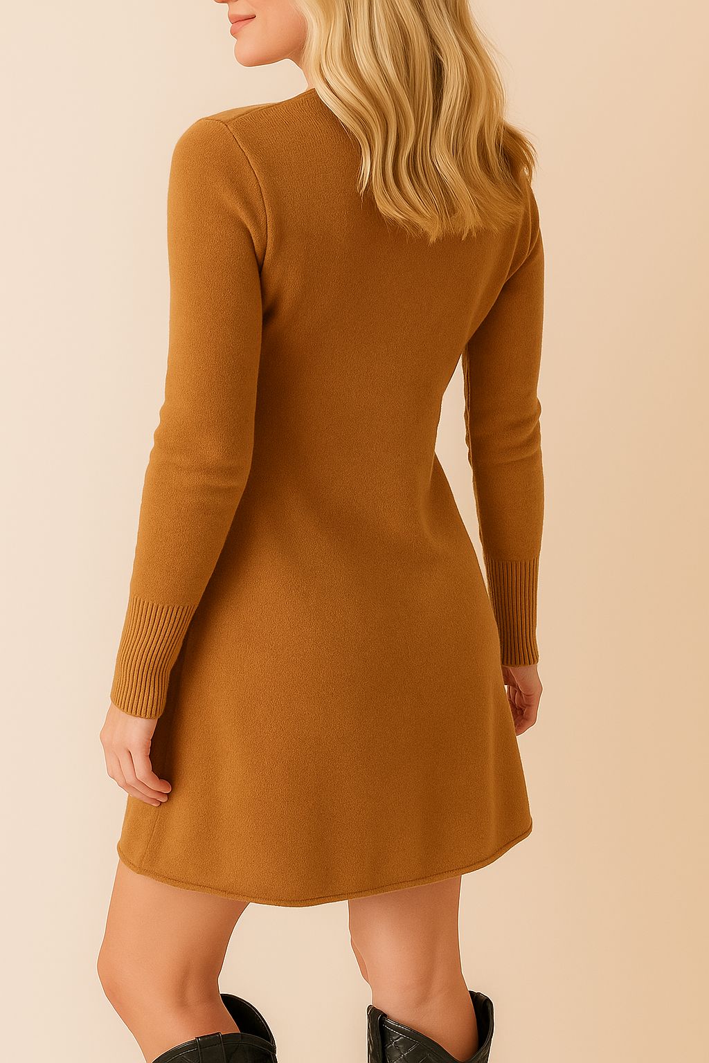 Ribbed Detail Solid Color Mini Sweater Dress