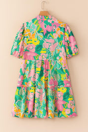 Floral button-down babydoll dress in green multi with puff sleeves and tiered skirt — hanger flatlay, back view