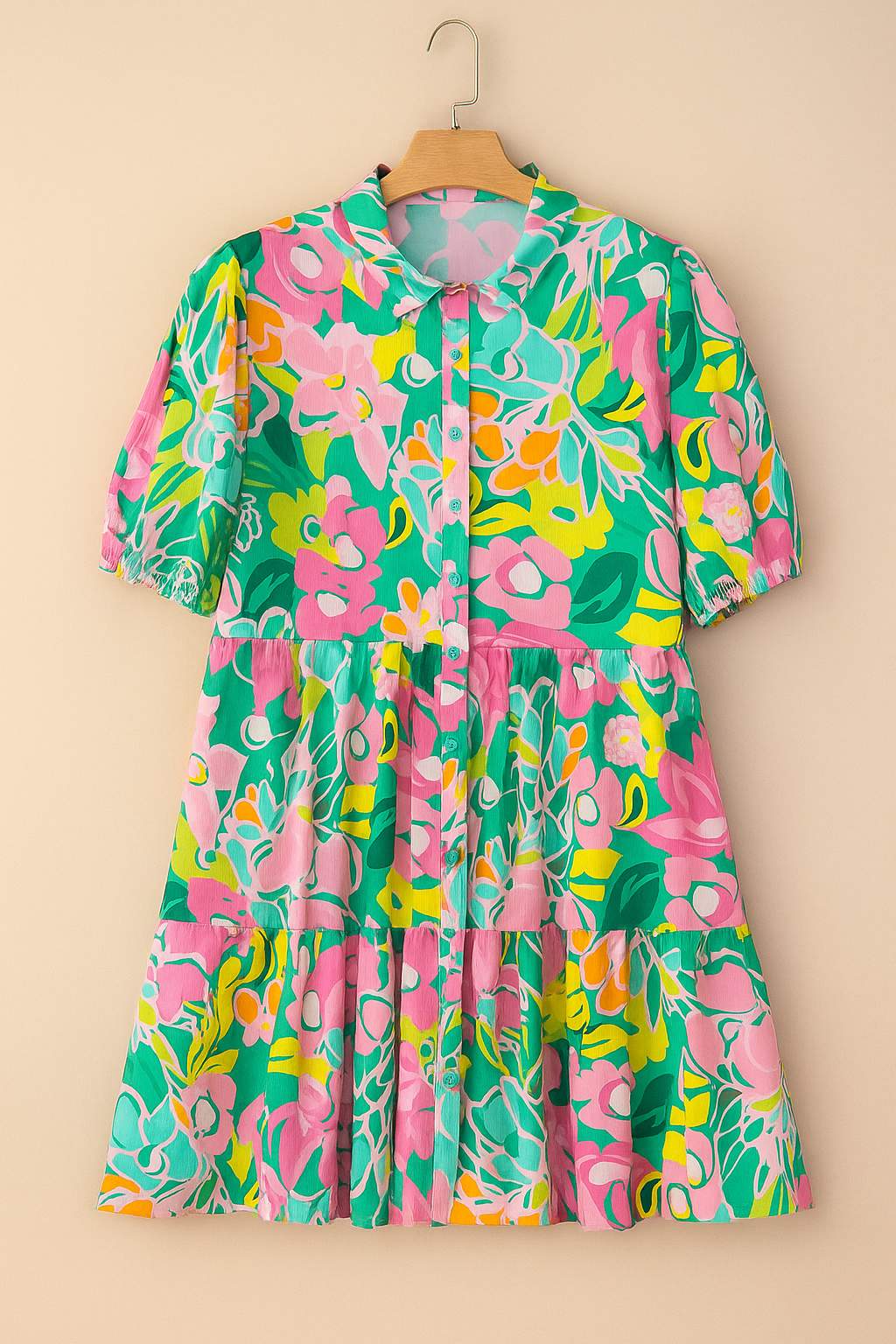 Floral button-down babydoll dress in green multi with puff sleeves and tiered skirt — hanger flatlay, front view.