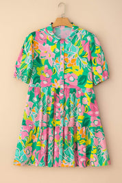 Floral button-down babydoll dress in green multi with puff sleeves and tiered skirt — hanger flatlay, front view.