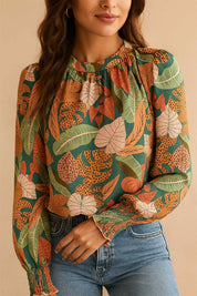 green-tropical-leaf-print-long-sleeve-blouse-neckline-ruching-front-detail-view