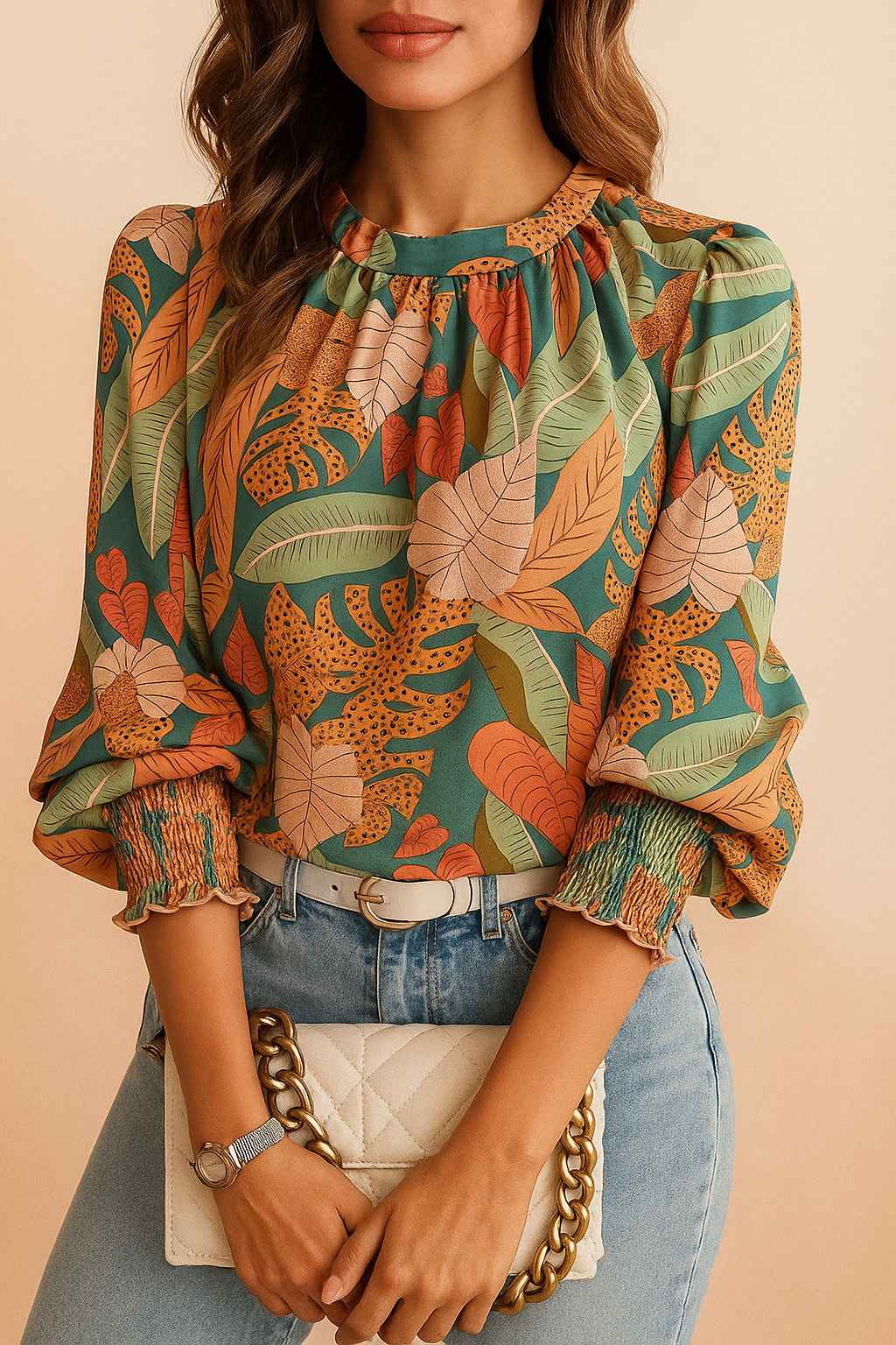 Green tropical leaf-print long-sleeve blouse with straight hem and easy relaxed fit — centered front view.