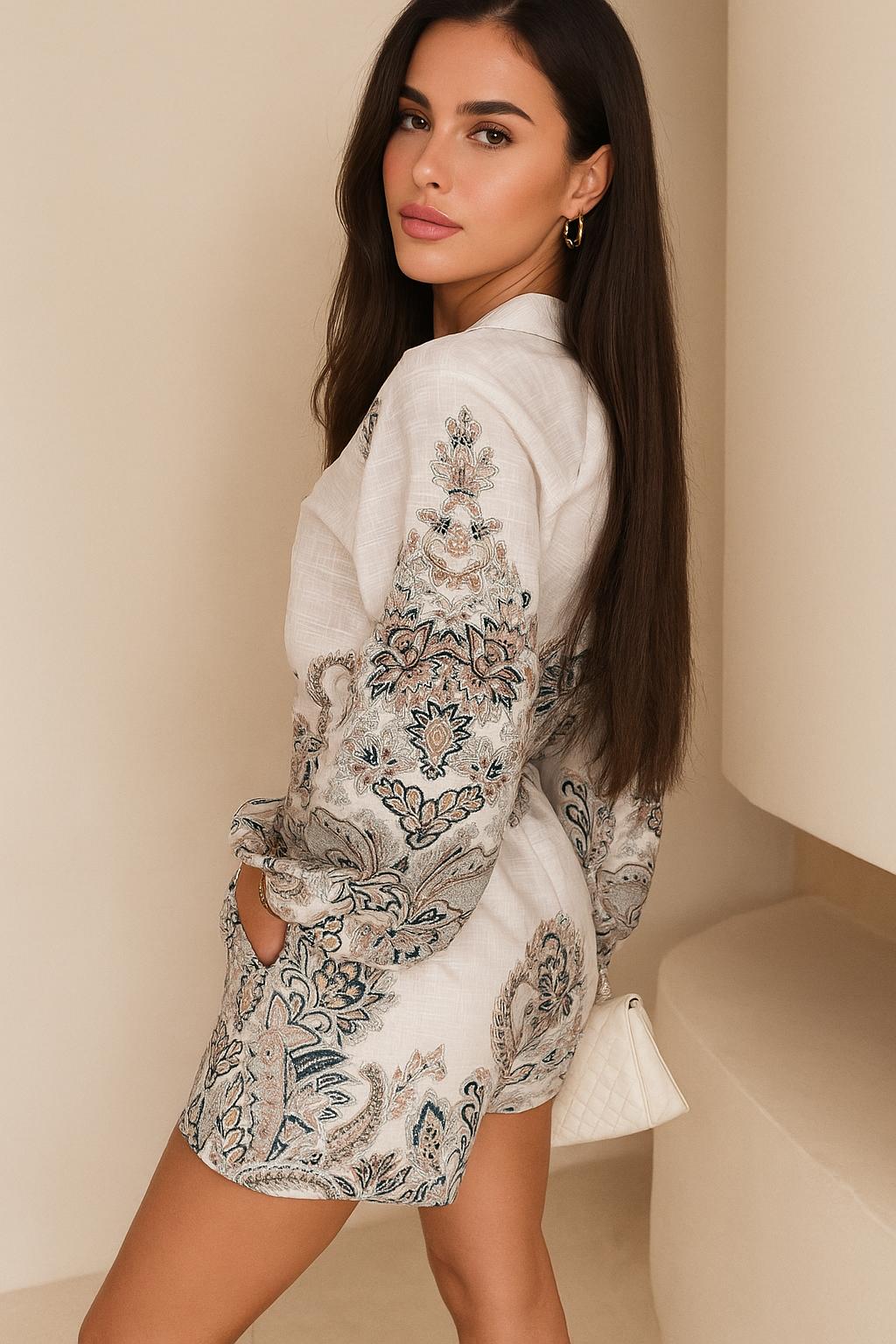 Right three-quarter view of the grey paisley shirt and belted shorts set showing the side profile and pocket line