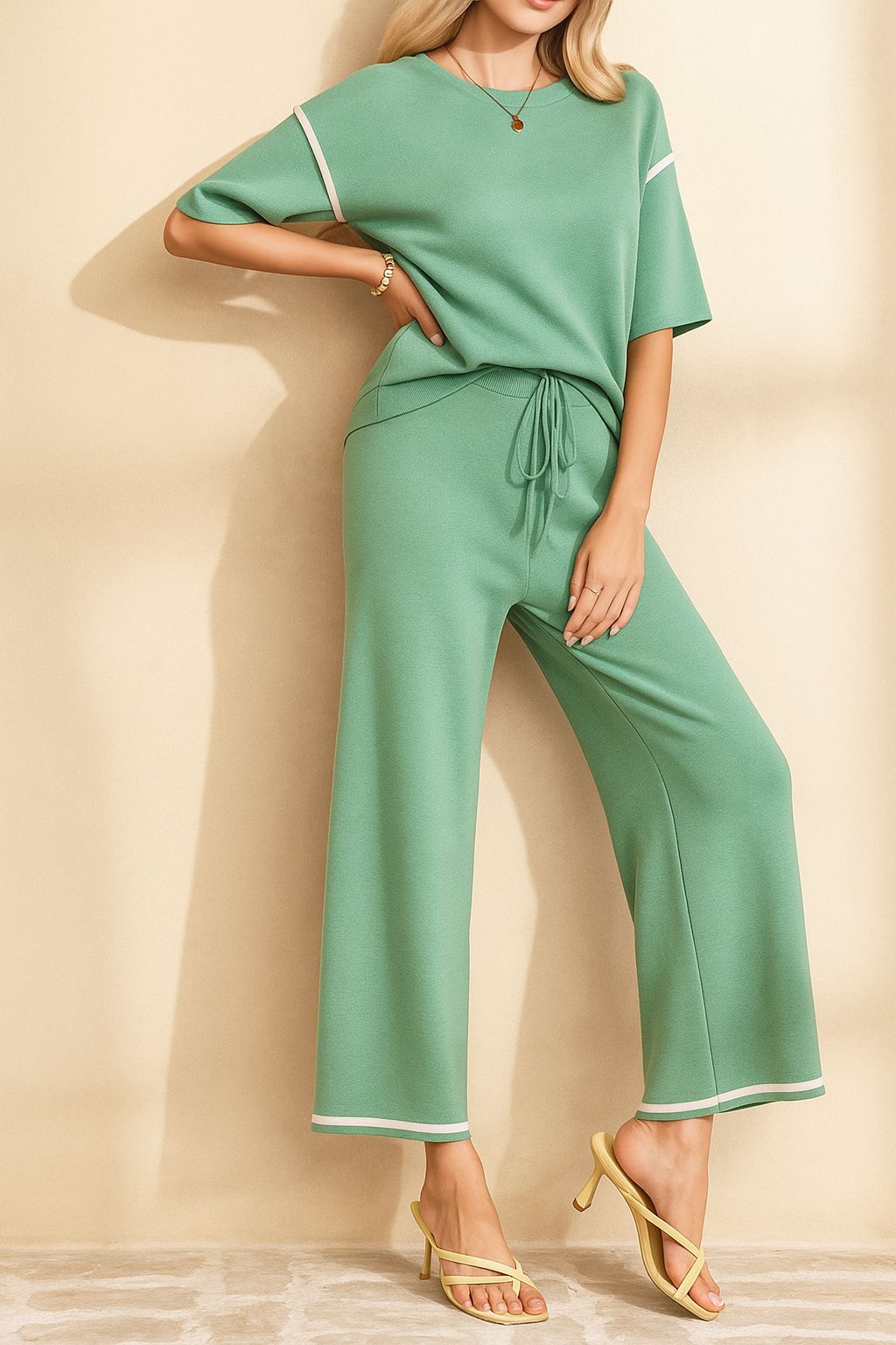 Front three-quarter view of the Gum Leaf lounge set showing the contrast trim and drawstring waist on the pants