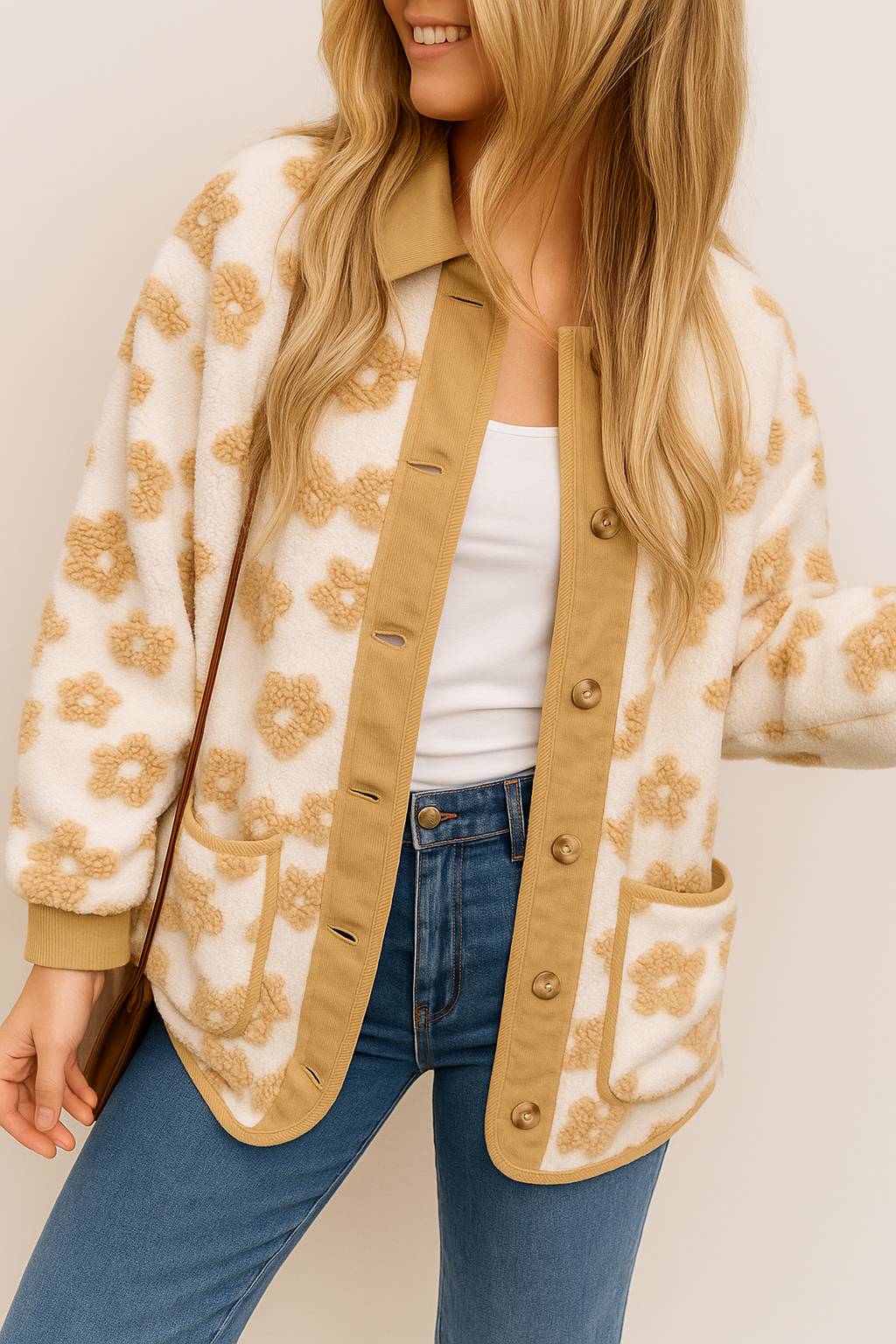 Front view of a women’s ivory sherpa jacket with camel floral texture, shirt collar and corduroy trim, button-front, patch pockets and ribbed cuffs.