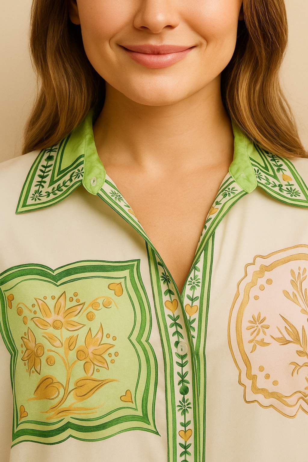 Front detail view of the ivory-multi set highlighting the shirt collar, button placket and ornamental print panels with green edging.