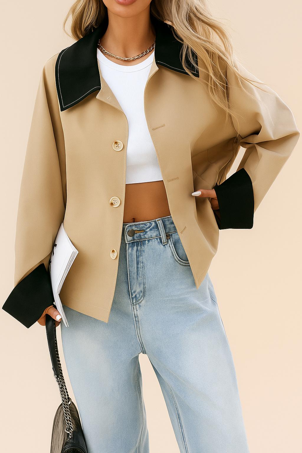 Front view of the khaki color-block button-up jacket with black contrast collar, drop-shoulder sleeves and slant welt pockets; buttons visible
