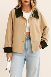 Straight front view of the khaki color-block button-up jacket with black contrast collar and cuffs, drop-shoulder sleeves and slant welt pockets.