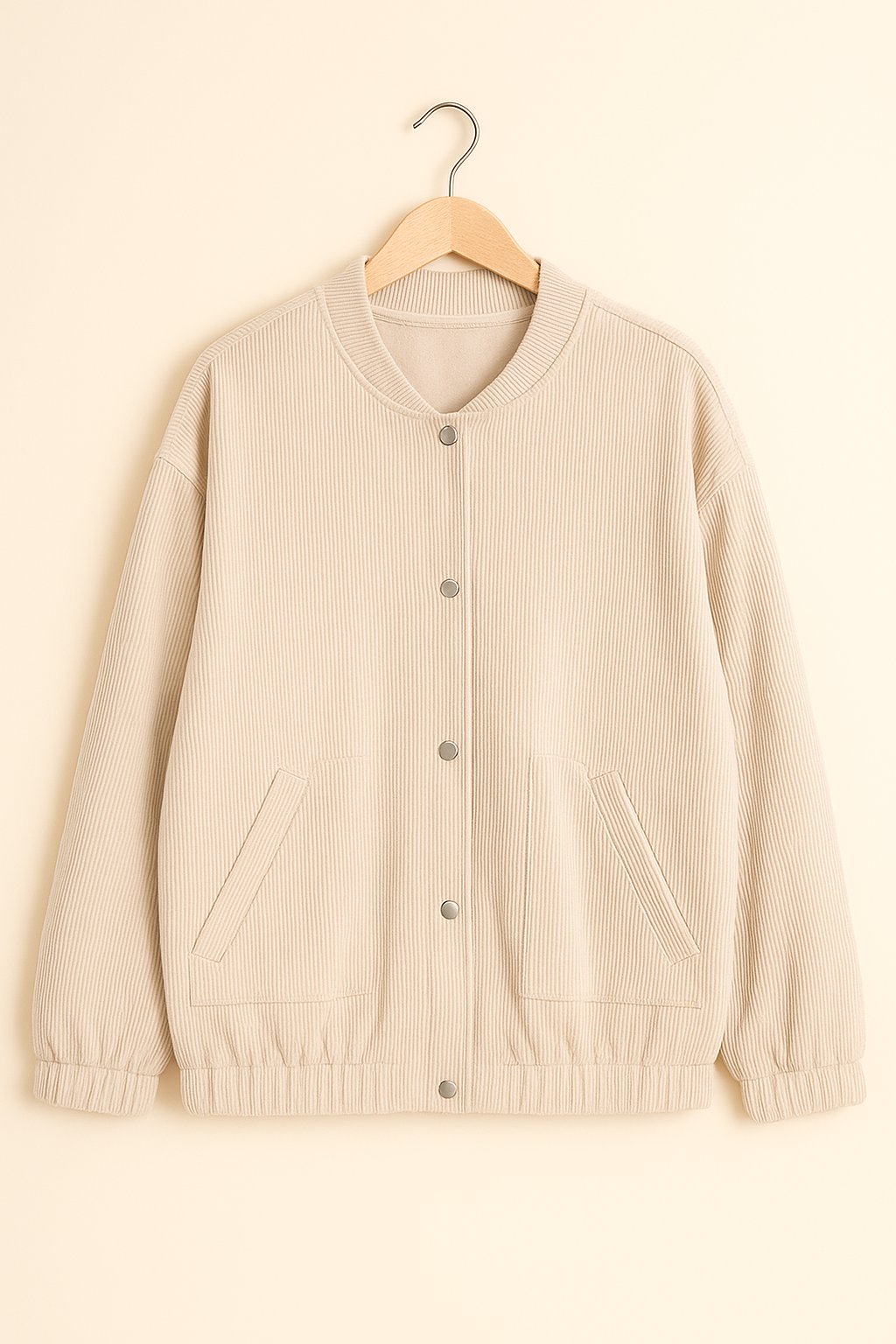 Flatlay front view of the khaki corduroy snap-button jacket with rib-knit stand collar, slant welt pockets, elastic cuffs and hem