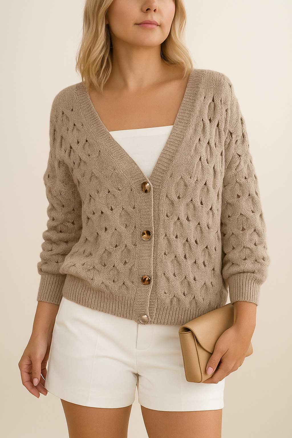 Front three-quarter view of the khaki textured V-neck cardigan highlighting the button-front and relaxed balloon sleeves.