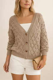 Front three-quarter view of the khaki textured V-neck cardigan highlighting the button-front and relaxed balloon sleeves.