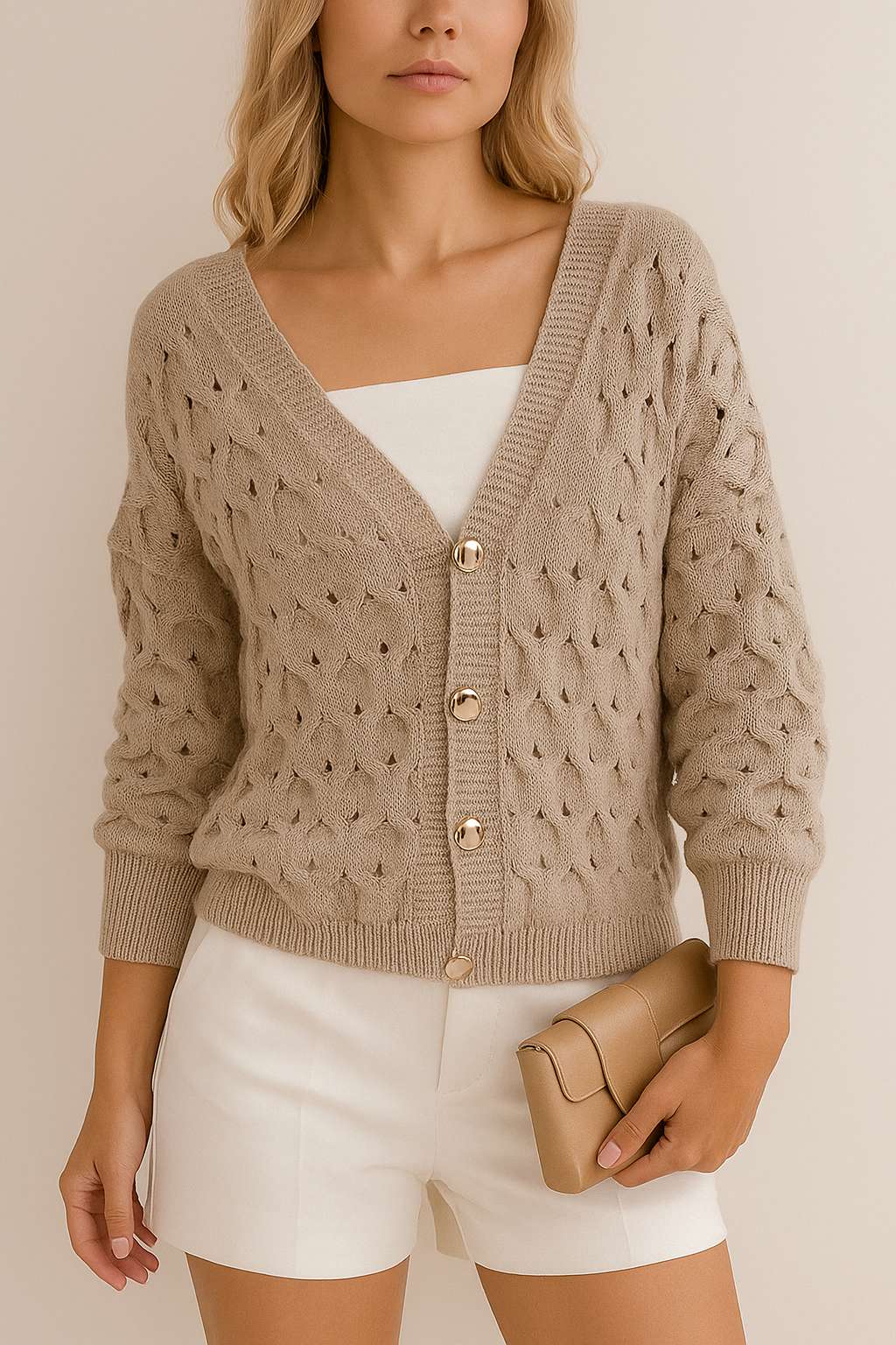 Centered front view of the khaki textured V-neck cardigan with gold-tone buttons and ribbed trims.