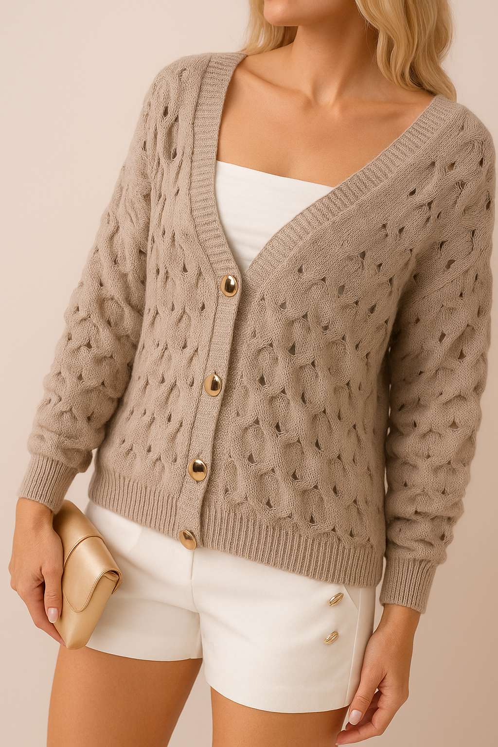 Left three-quarter view of the khaki textured V-neck cardigan with gold-tone buttons and ribbed cuffs and hem