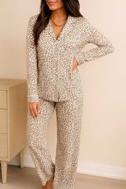 Woman wearing a long sleeve leopard print pajama set with button-down top and matching pants, soft and stylish loungewear
