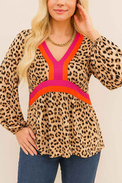 Front view of the leopard-print V-neck blouse with colorblock trim bands and balloon sleeves with elastic cuffs