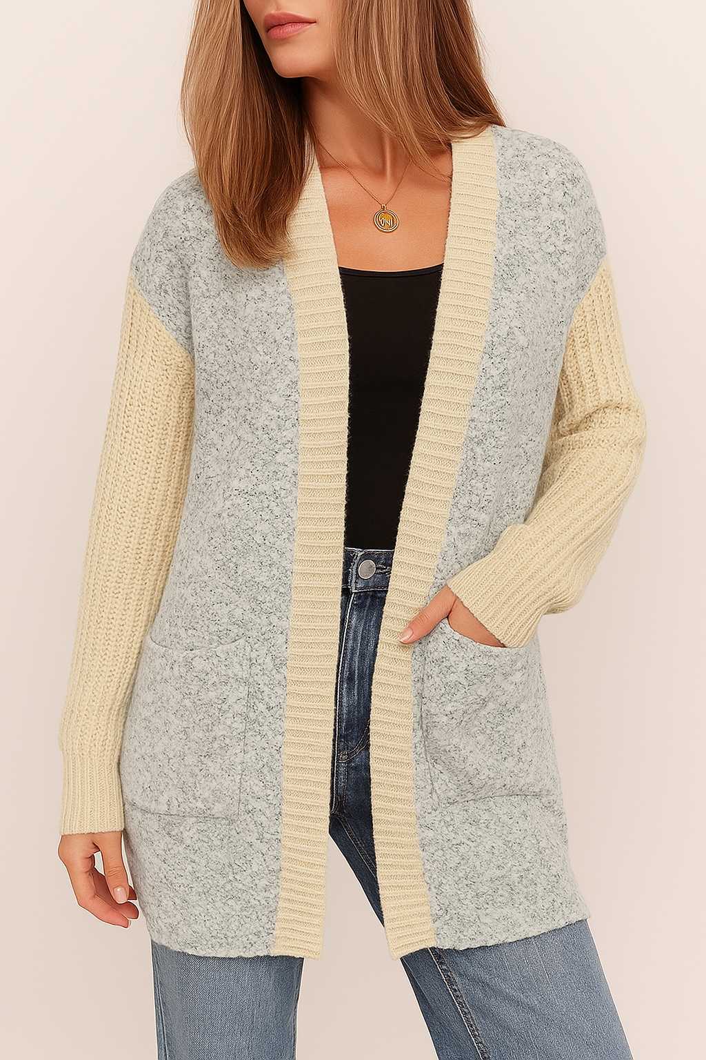 Straight front view of the light-gray and pastel-yellow colorblock open-front cardigan with ribbed placket and patch pockets.