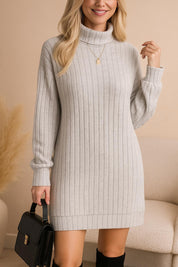 ight-gray ribbed turtleneck mini dress with soft balloon sleeves, high neckline and vertical ribbing — front view