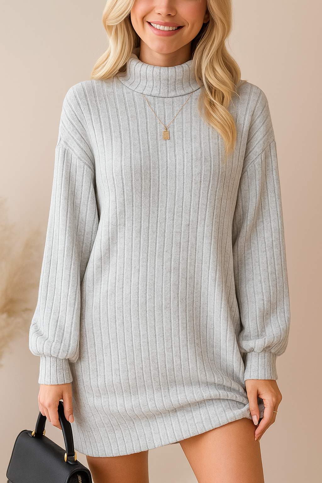 light-gray-ribbed-turtleneck-knit-mini-dress-dropped-shoulder-relaxed-drape-front-three-quarter-view