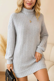 Light-gray ribbed turtleneck knit mini dress with long sleeves and vertical ribbing, relaxed A-line sway — left three-quarter view.