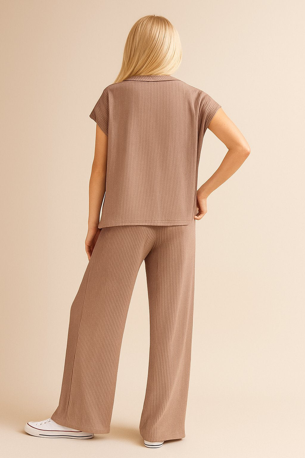 Back view of the mocha ribbed lounge set showing the straight back hem and wide-leg trouser silhouette.