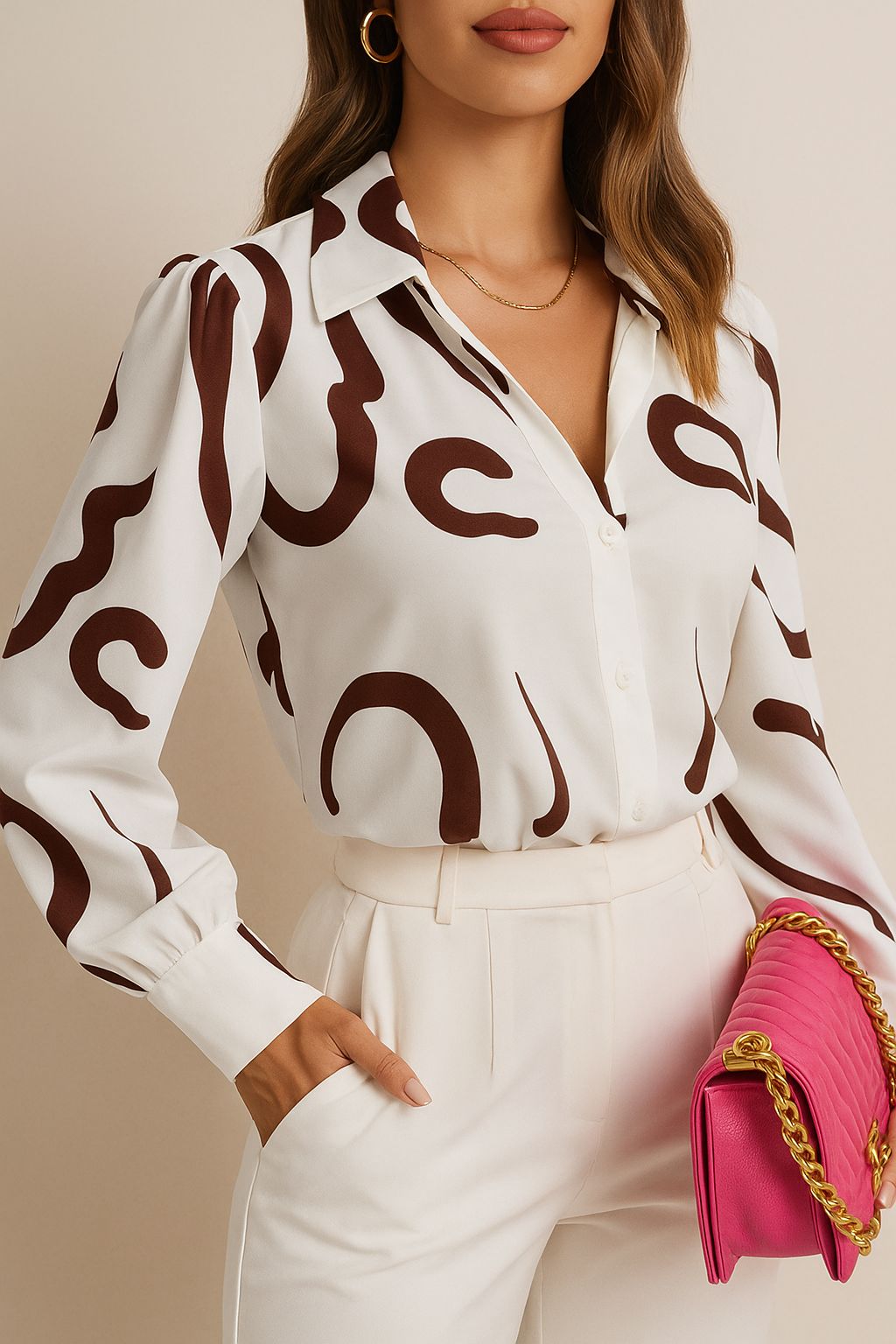 Stylish blouse with abstract brown print tucked into white trousers, woman with hand in pocket holding pink bag